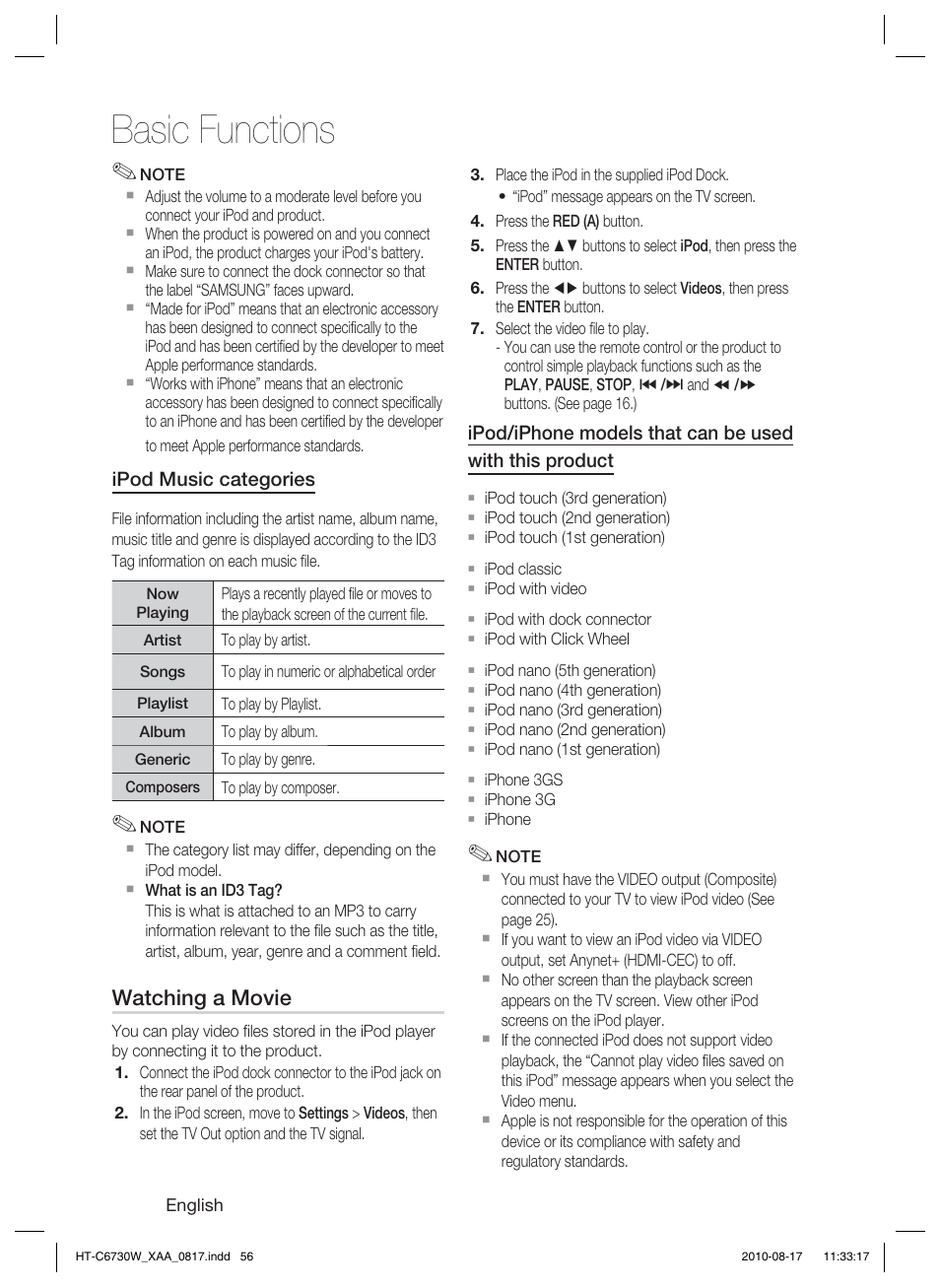 Basic functions | Samsung HT-C6730W-XAA User Manual | Page 56 / 71