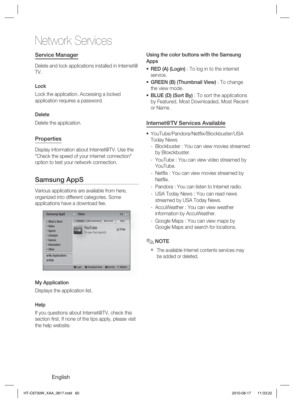 Network services, Samsung apps, English | Service manager, Properties, Internet@tv services available | Samsung HT-C6730W-XAA User Manual | Page 60 / 71