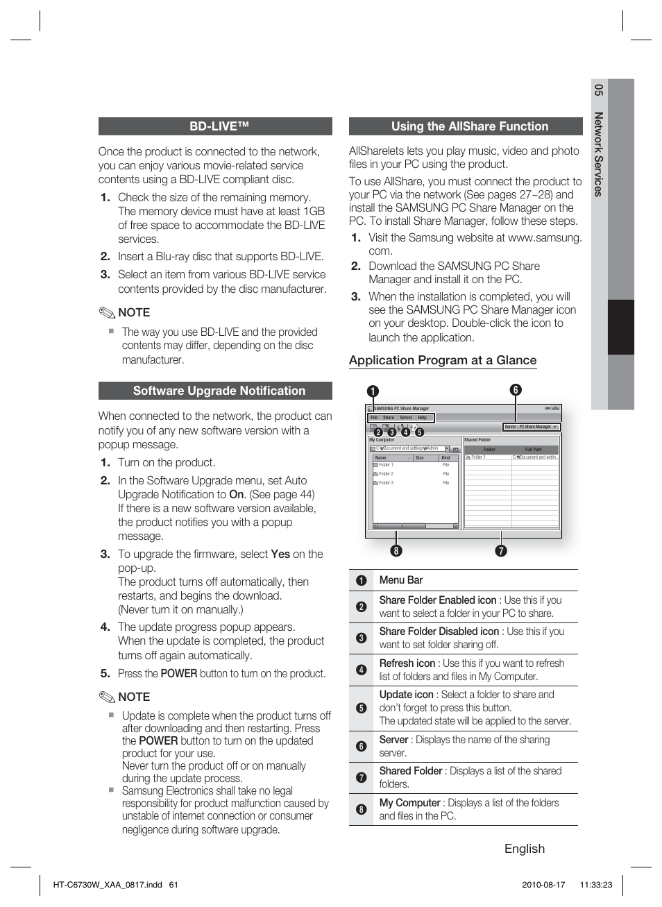 Bd-live, Software upgrade notification, Using the allshare function | Samsung HT-C6730W-XAA User Manual | Page 61 / 71