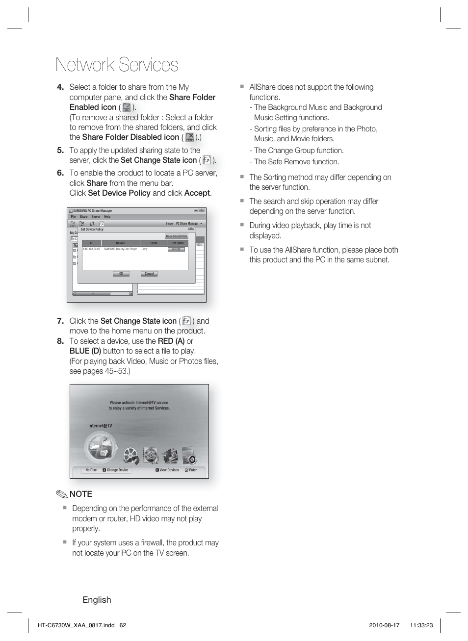 Network services, English, Allshare does not support the following functions | Samsung HT-C6730W-XAA User Manual | Page 62 / 71