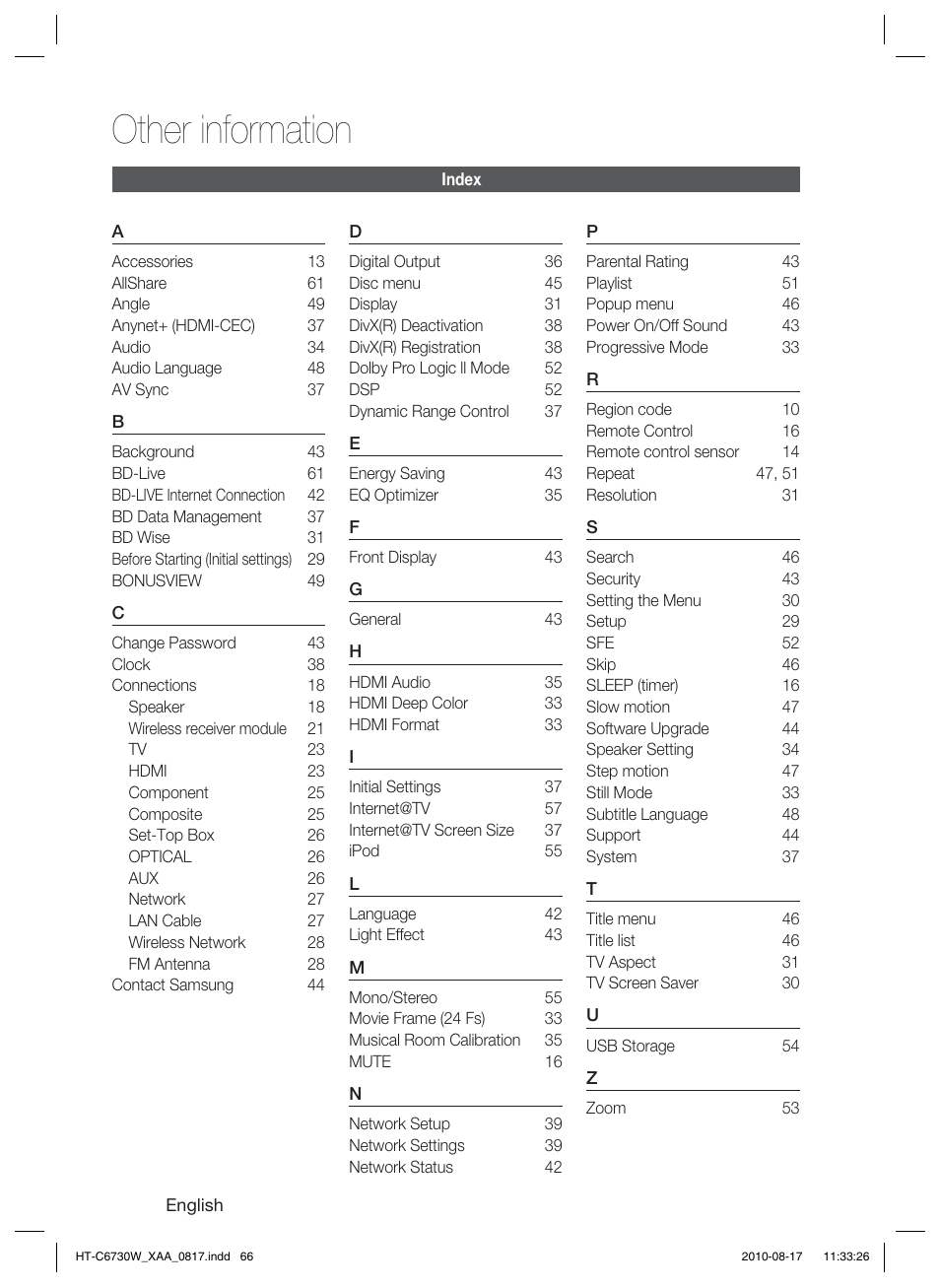 Index, Other information | Samsung HT-C6730W-XAA User Manual | Page 66 / 71