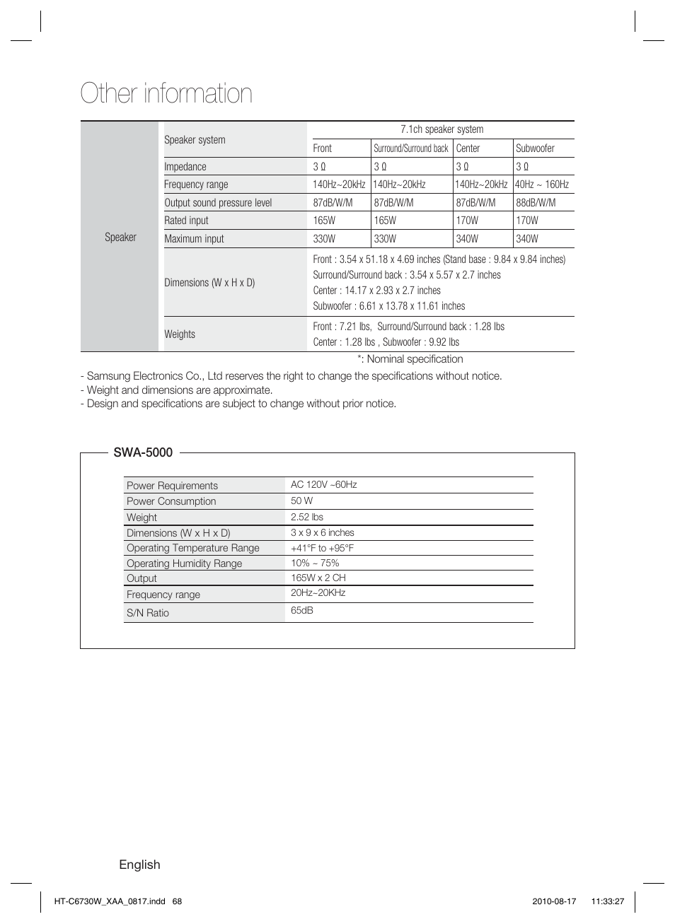 Other information | Samsung HT-C6730W-XAA User Manual | Page 68 / 71