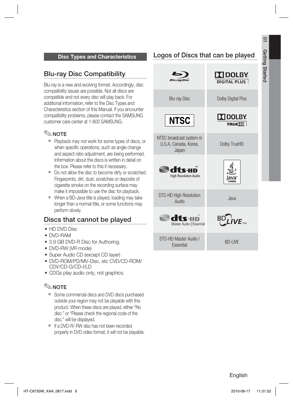 Disc types and characteristics | Samsung HT-C6730W-XAA User Manual | Page 9 / 71