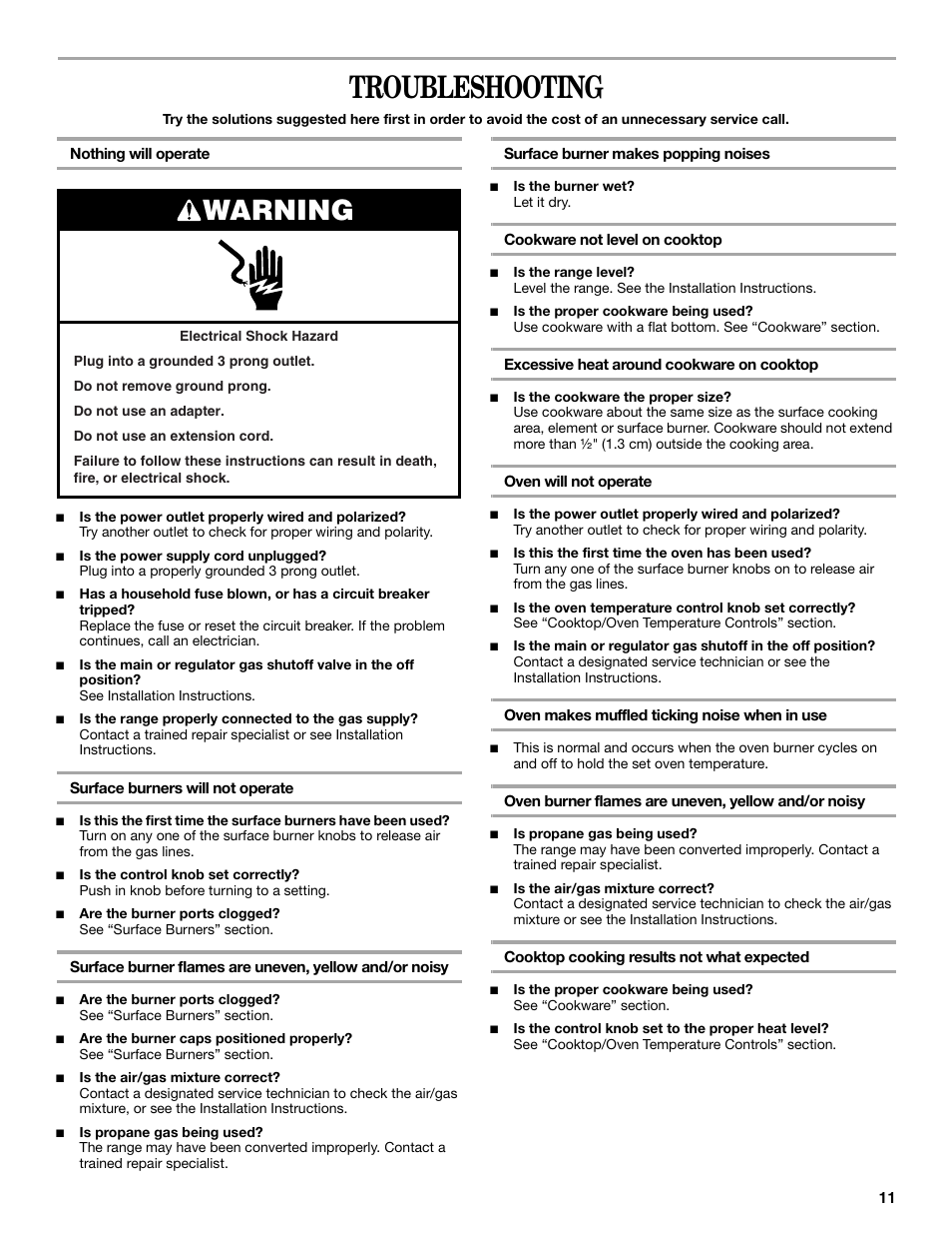 Troubleshooting, Warning | Amana W10181330A User Manual | Page 11 / 28