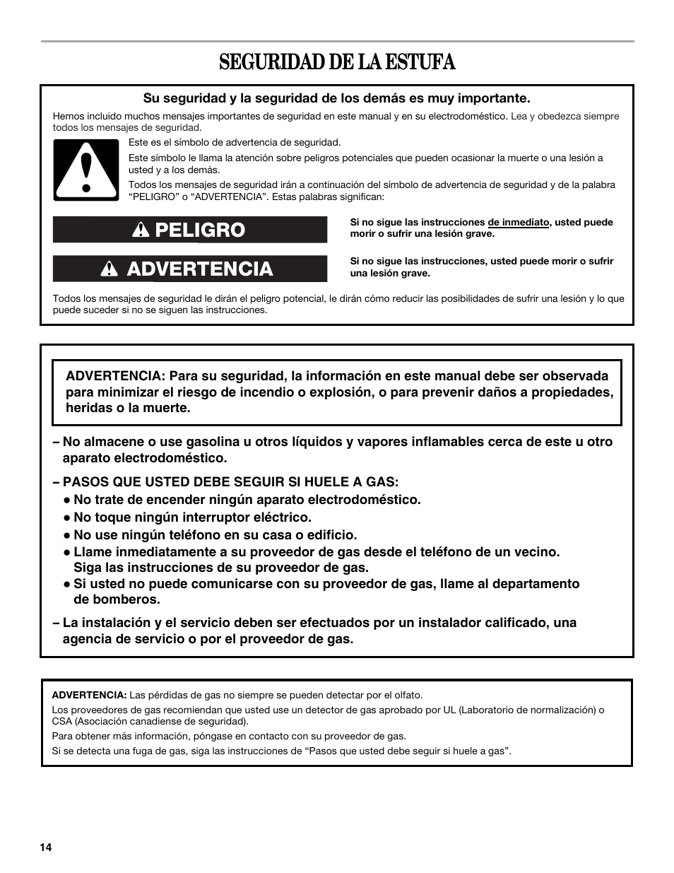 Seguridad de la estufa, Advertencia peligro | Amana W10181330A User Manual | Page 14 / 28