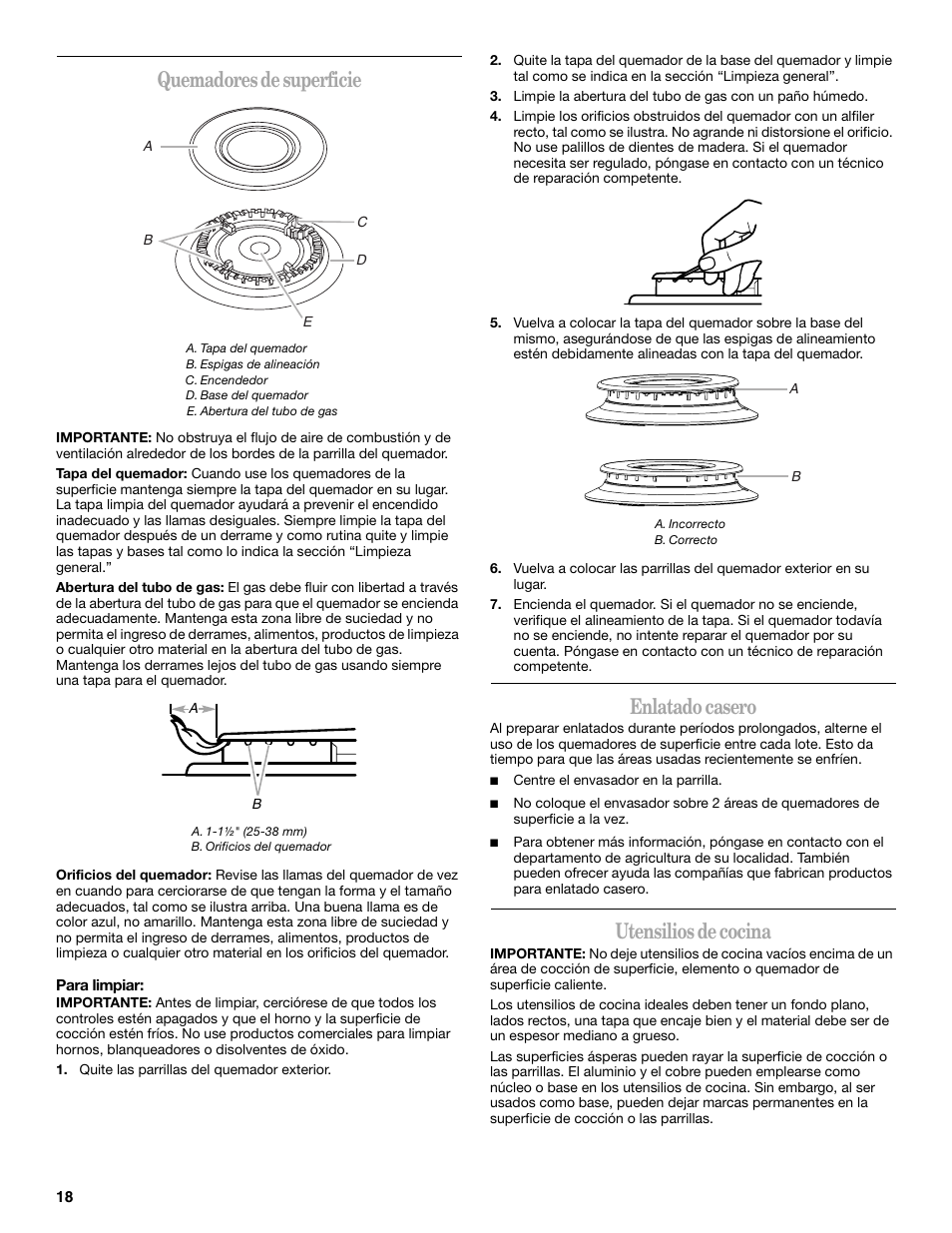 Quemadores de superficie, Enlatado casero, Utensilios de cocina | Amana W10181330A User Manual | Page 18 / 28
