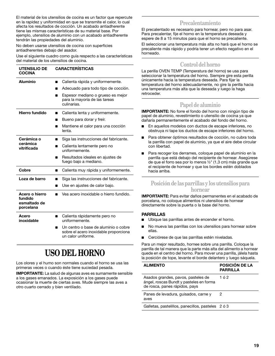 Uso del horno, Precalentamiento, Control del horno | Papel de aluminio | Amana W10181330A User Manual | Page 19 / 28