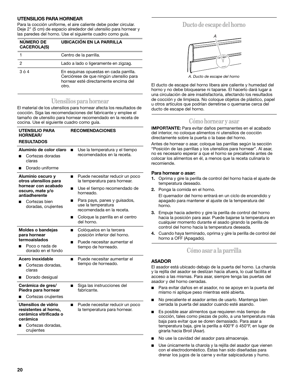 Utensilios para hornear, Ducto de escape del horno, Cómo hornear y asar | Cómo asar a la parrilla | Amana W10181330A User Manual | Page 20 / 28