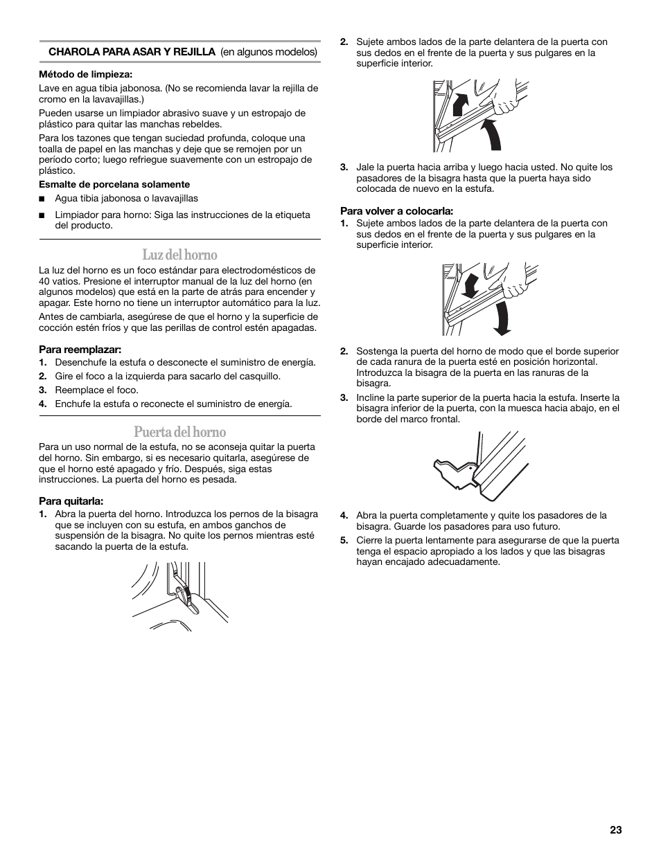 Luz del horno, Puerta del horno | Amana W10181330A User Manual | Page 23 / 28
