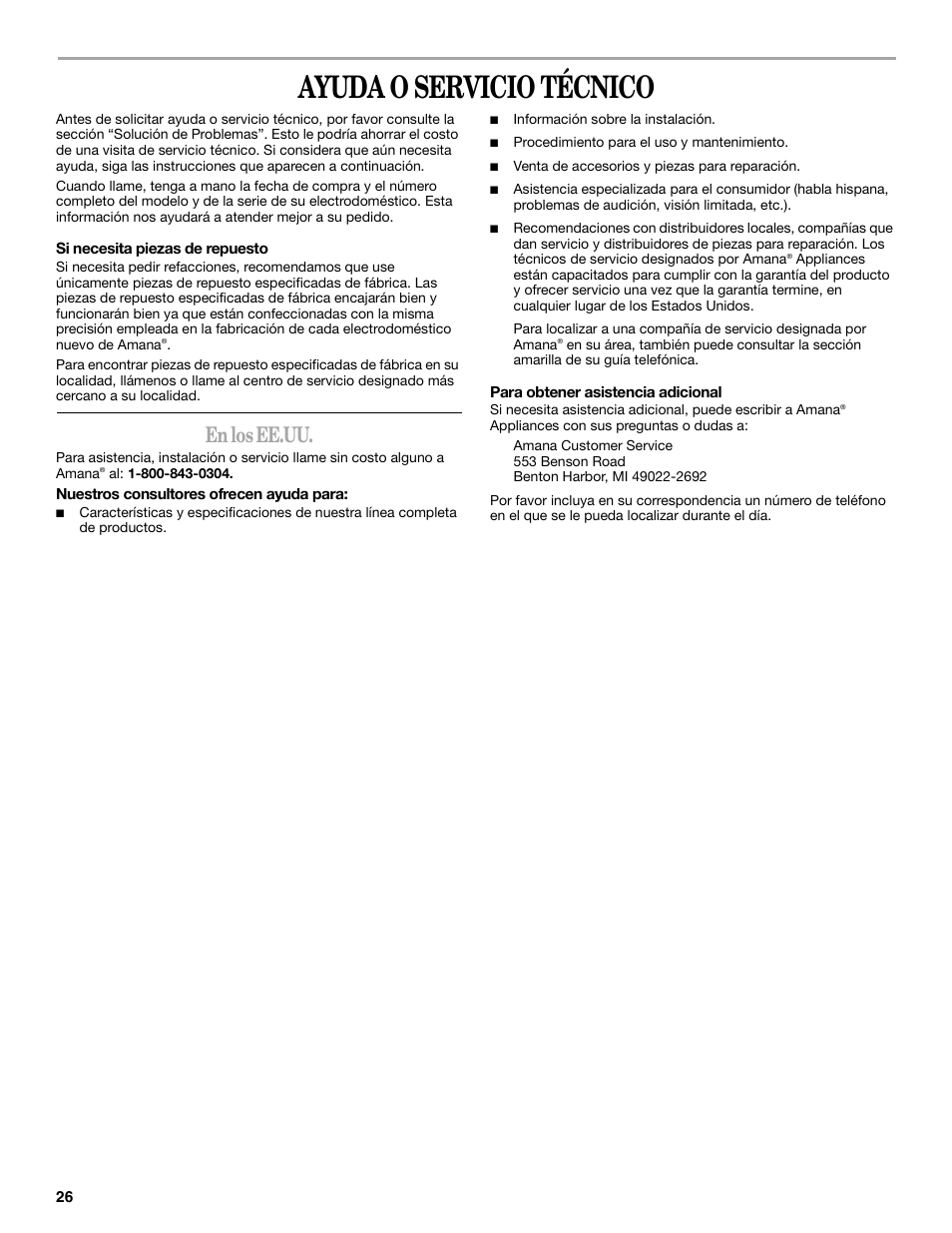 Ayuda o servicio técnico, En los ee.uu | Amana W10181330A User Manual | Page 26 / 28