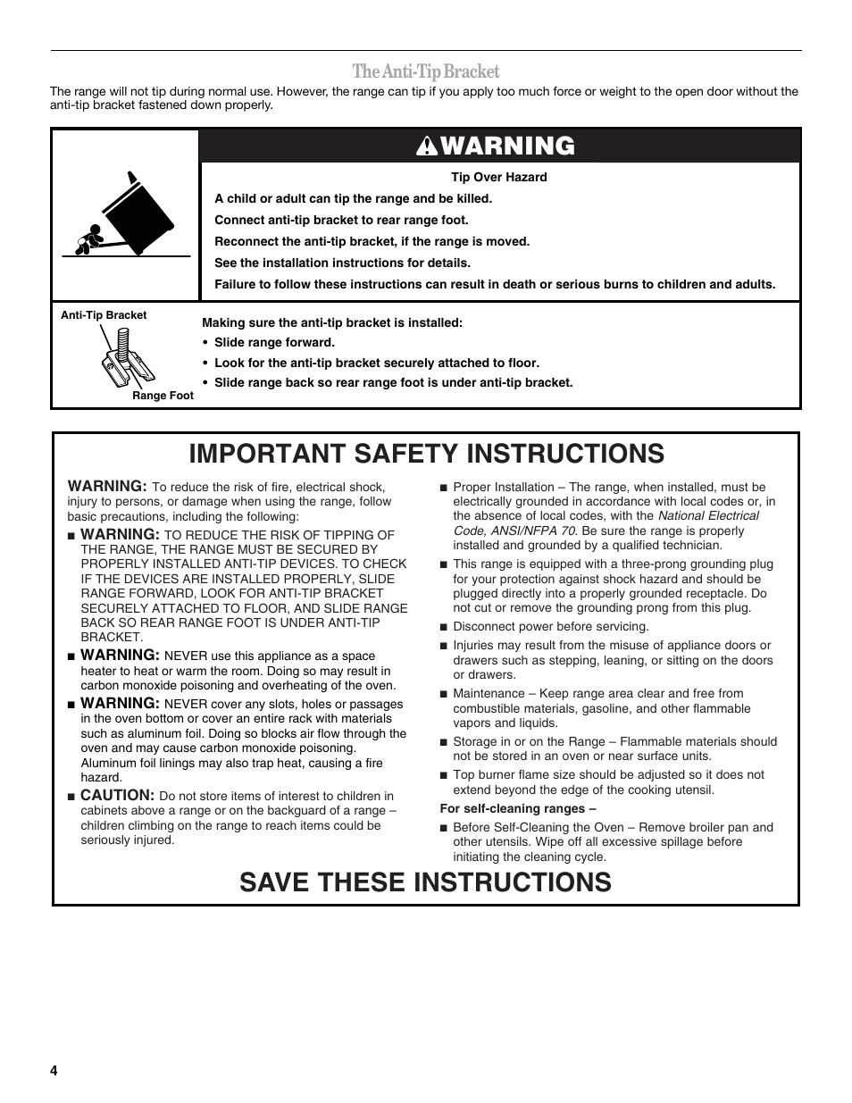 Warning, The anti-tip bracket | Amana W10181330A User Manual | Page 4 / 28