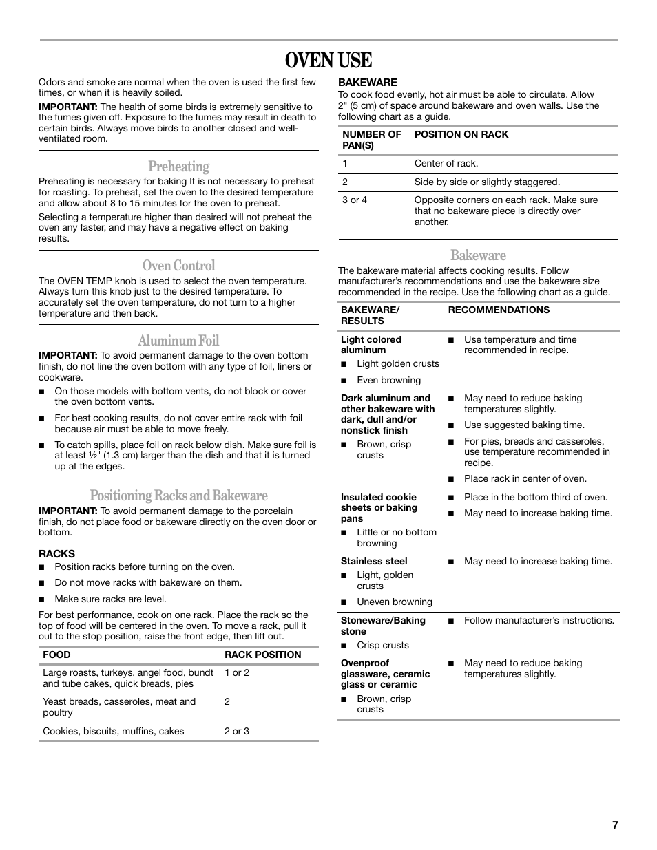 Oven use, Preheating, Oven control | Aluminum foil, Positioning racks and bakeware, Bakeware | Amana W10181330A User Manual | Page 7 / 28