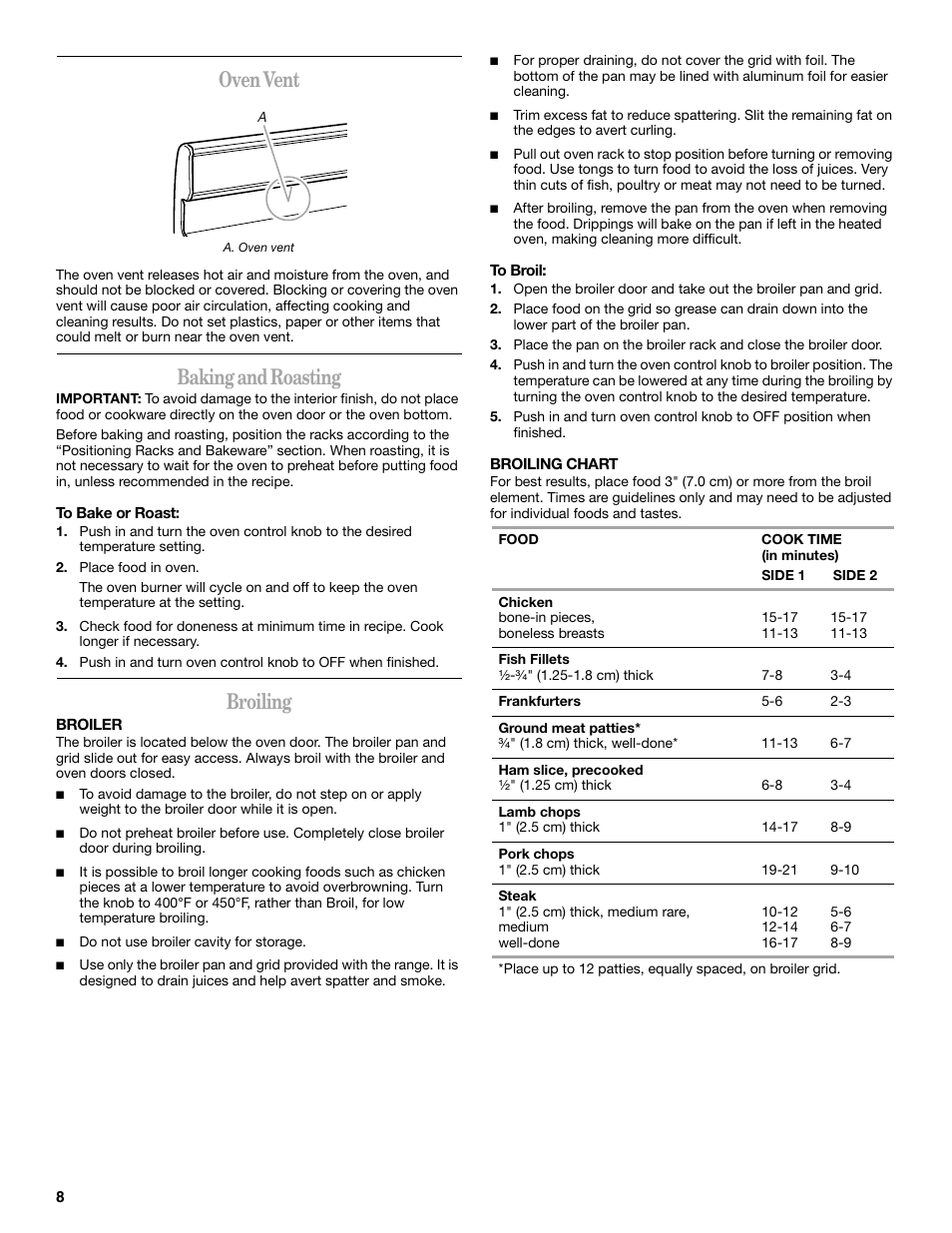 Oven vent, Baking and roasting, Broiling | Amana W10181330A User Manual | Page 8 / 28