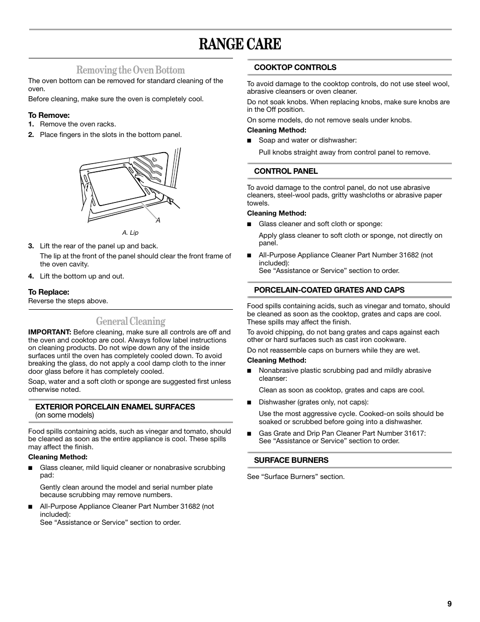 Range care, Removing the oven bottom, General cleaning | Amana W10181330A User Manual | Page 9 / 28