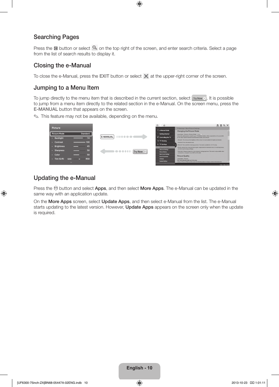 Searching pages, Closing the e-manual, Jumping to a menu item | Updating the e-manual | Samsung UN75F6300AFXZA User Manual | Page 10 / 26