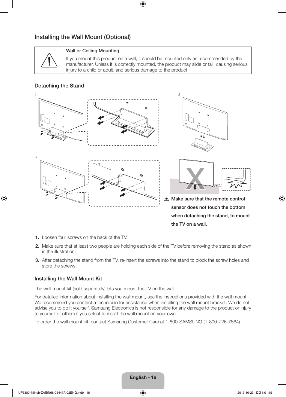 Installing the wall mount (optional) | Samsung UN75F6300AFXZA User Manual | Page 16 / 26