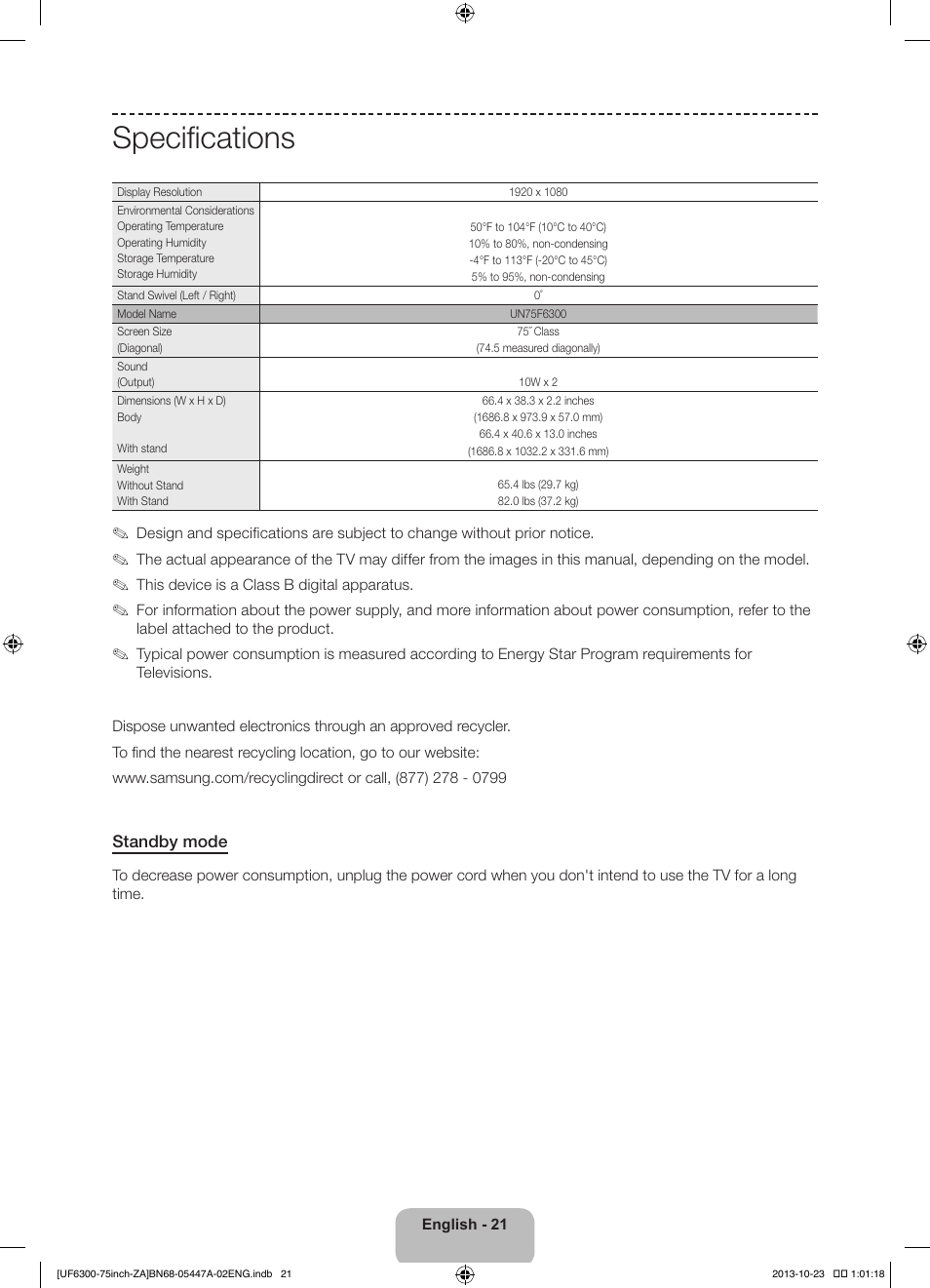 Specifications | Samsung UN75F6300AFXZA User Manual | Page 21 / 26