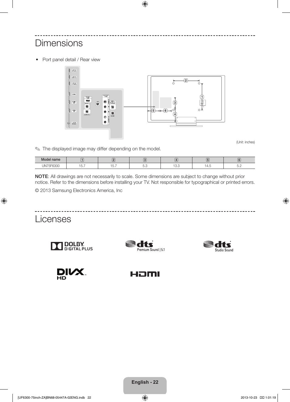 Dimensions, Licenses | Samsung UN75F6300AFXZA User Manual | Page 22 / 26