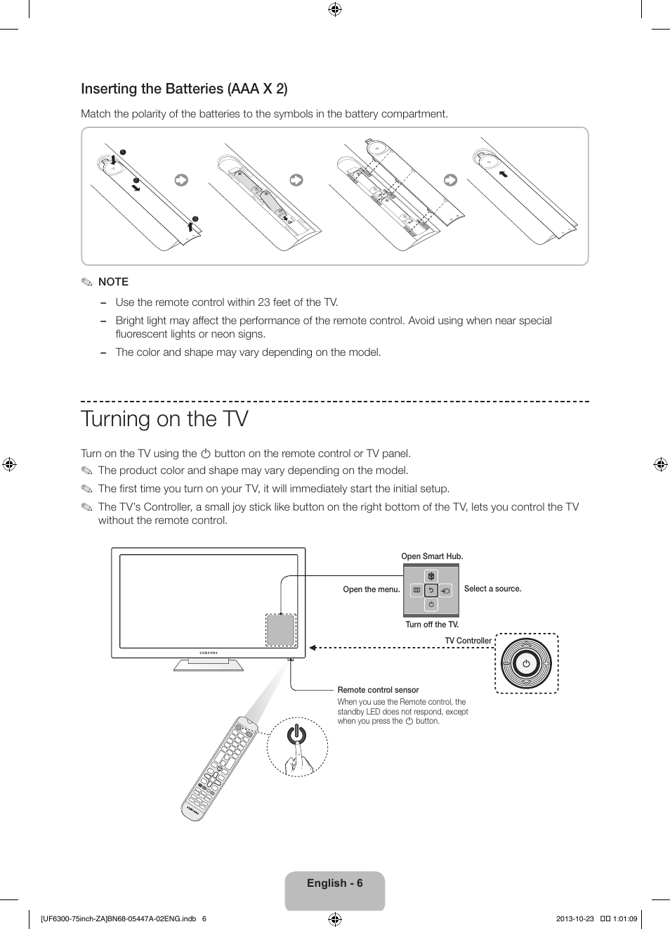 Turning on the tv, Inserting the batteries (aaa x 2) | Samsung UN75F6300AFXZA User Manual | Page 6 / 26