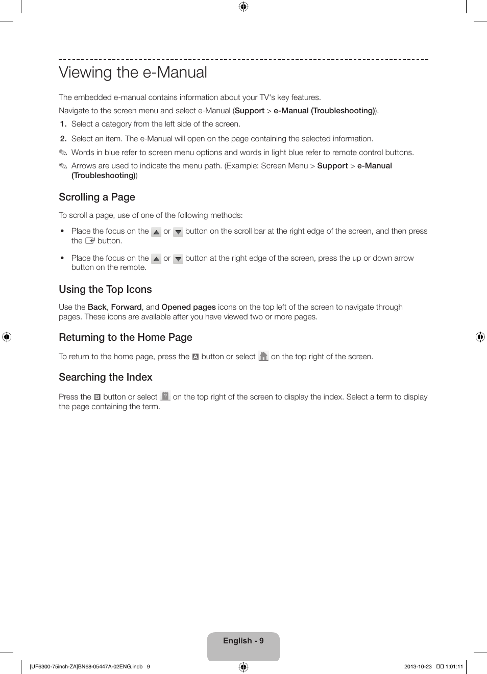 Viewing the e-manual, Scrolling a page, Using the top icons | Returning to the home page, Searching the index | Samsung UN75F6300AFXZA User Manual | Page 9 / 26