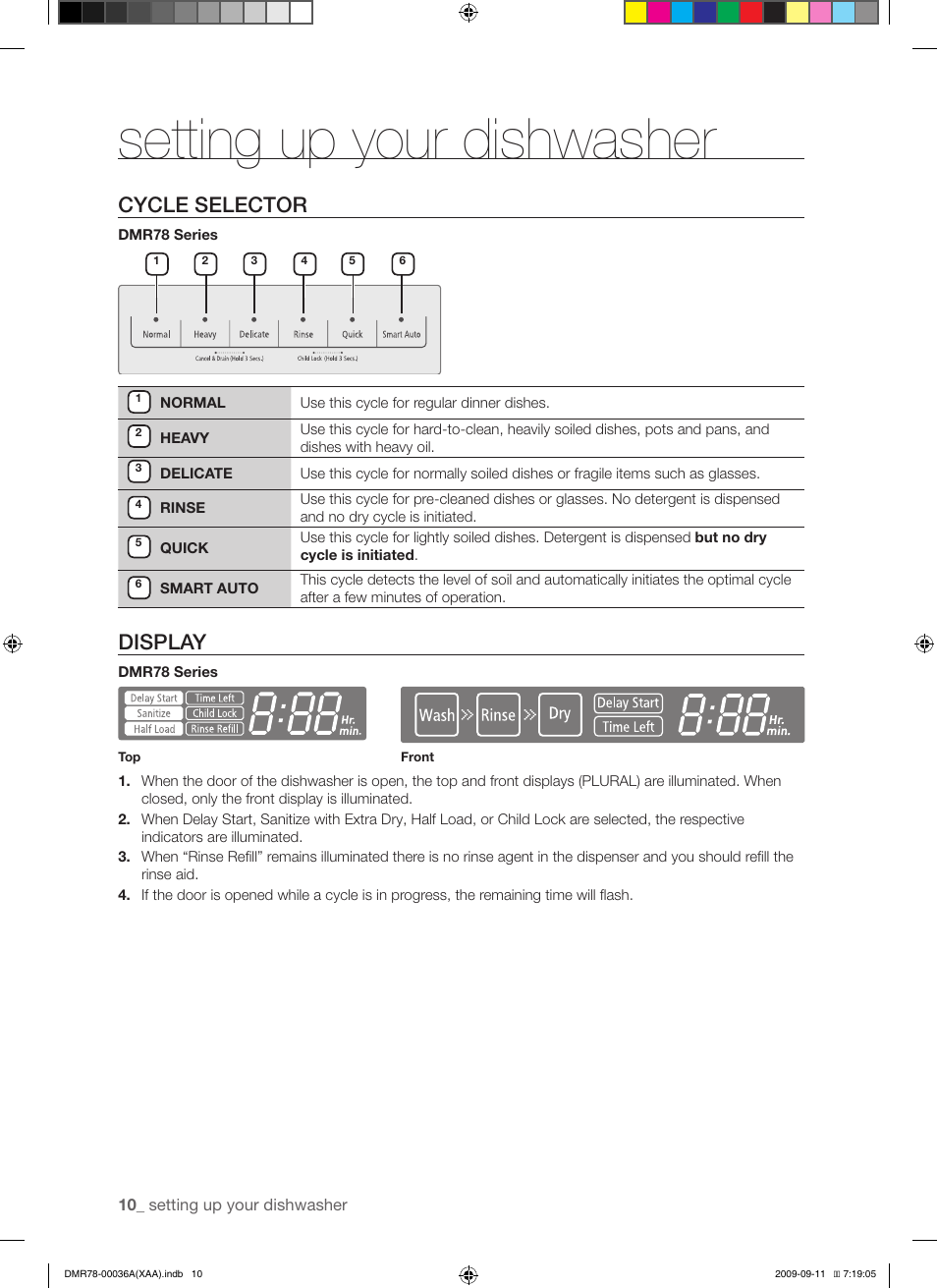 Setting up your dishwasher, Cycle selector, Display | Samsung DMR78AHW-XAA User Manual | Page 10 / 30