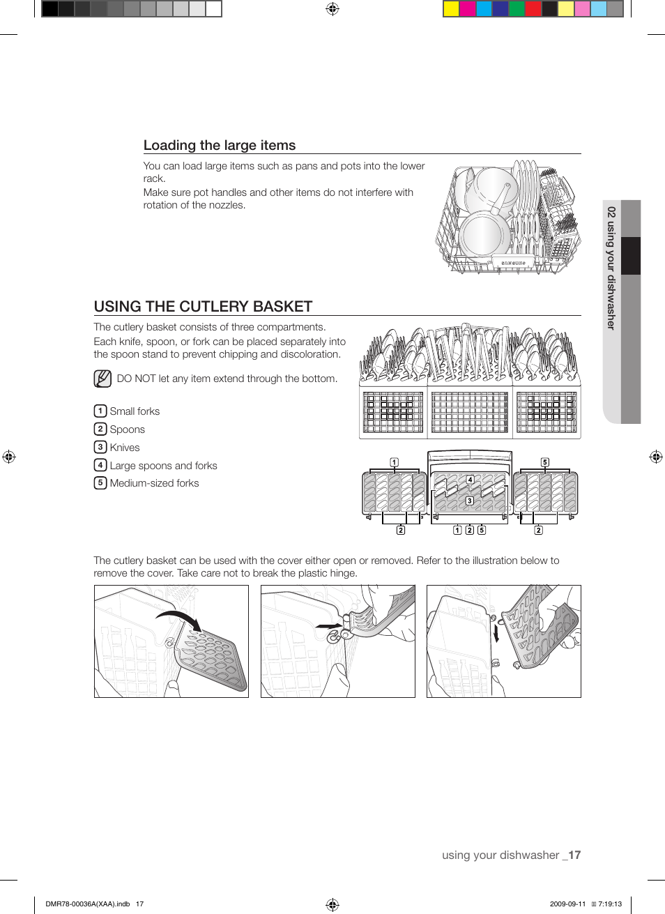 Using the cutlery basket, Loading the large items | Samsung DMR78AHW-XAA User Manual | Page 17 / 30
