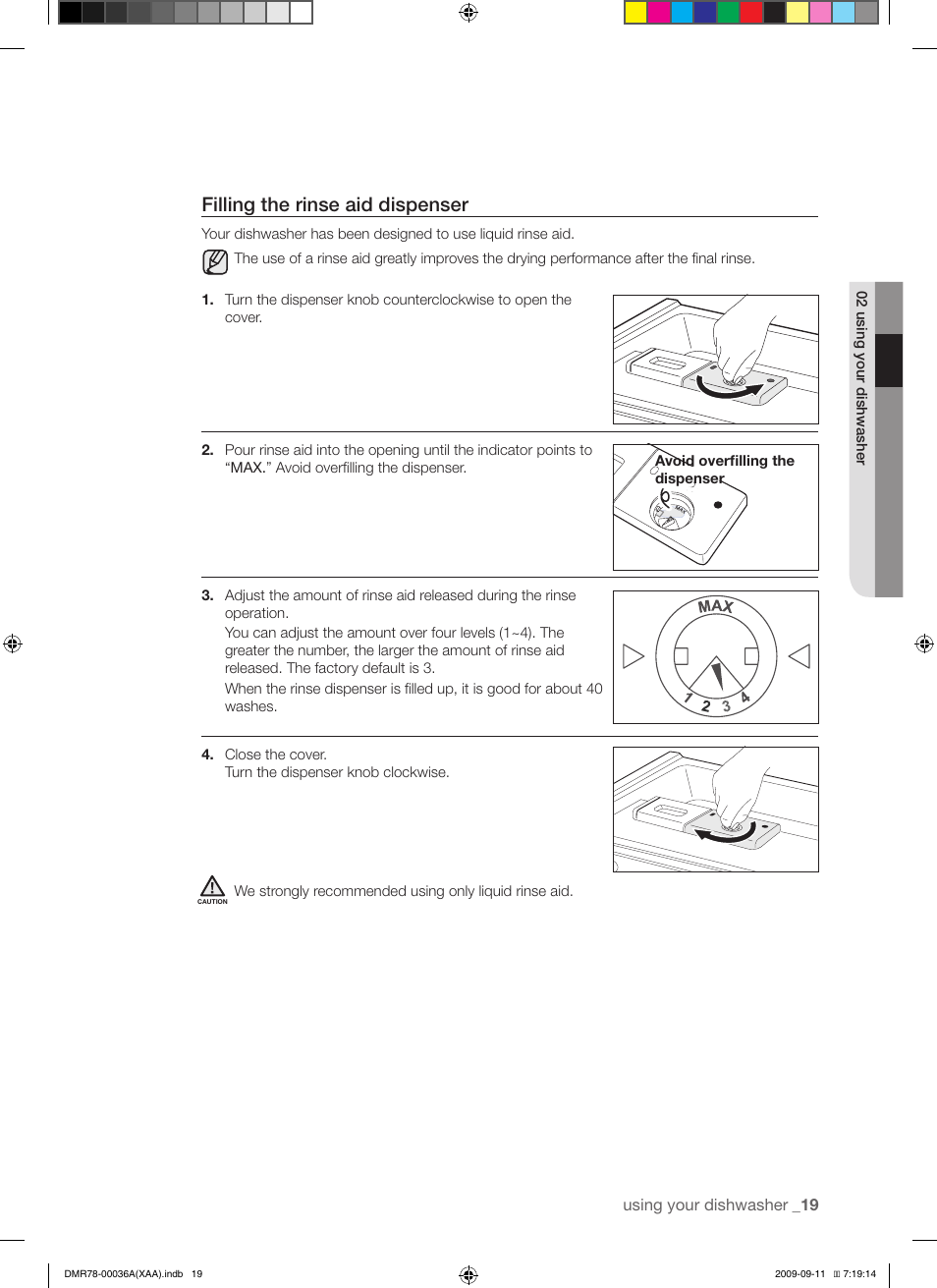Filling the rinse aid dispenser | Samsung DMR78AHW-XAA User Manual | Page 19 / 30