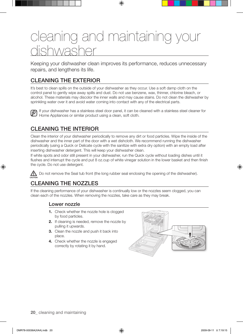 Cleaning and maintaining your dishwasher | Samsung DMR78AHW-XAA User Manual | Page 20 / 30