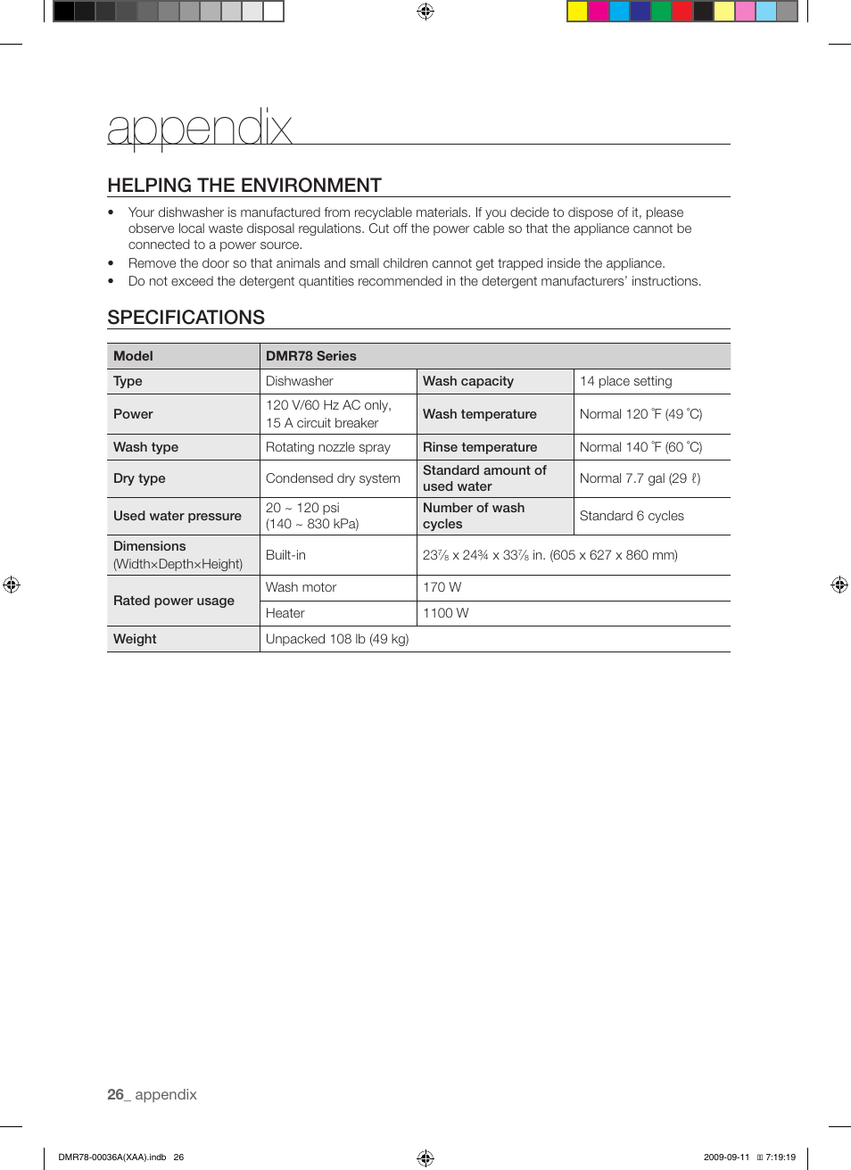 Appendix, Helping the environment, Specifications | Samsung DMR78AHW-XAA User Manual | Page 26 / 30