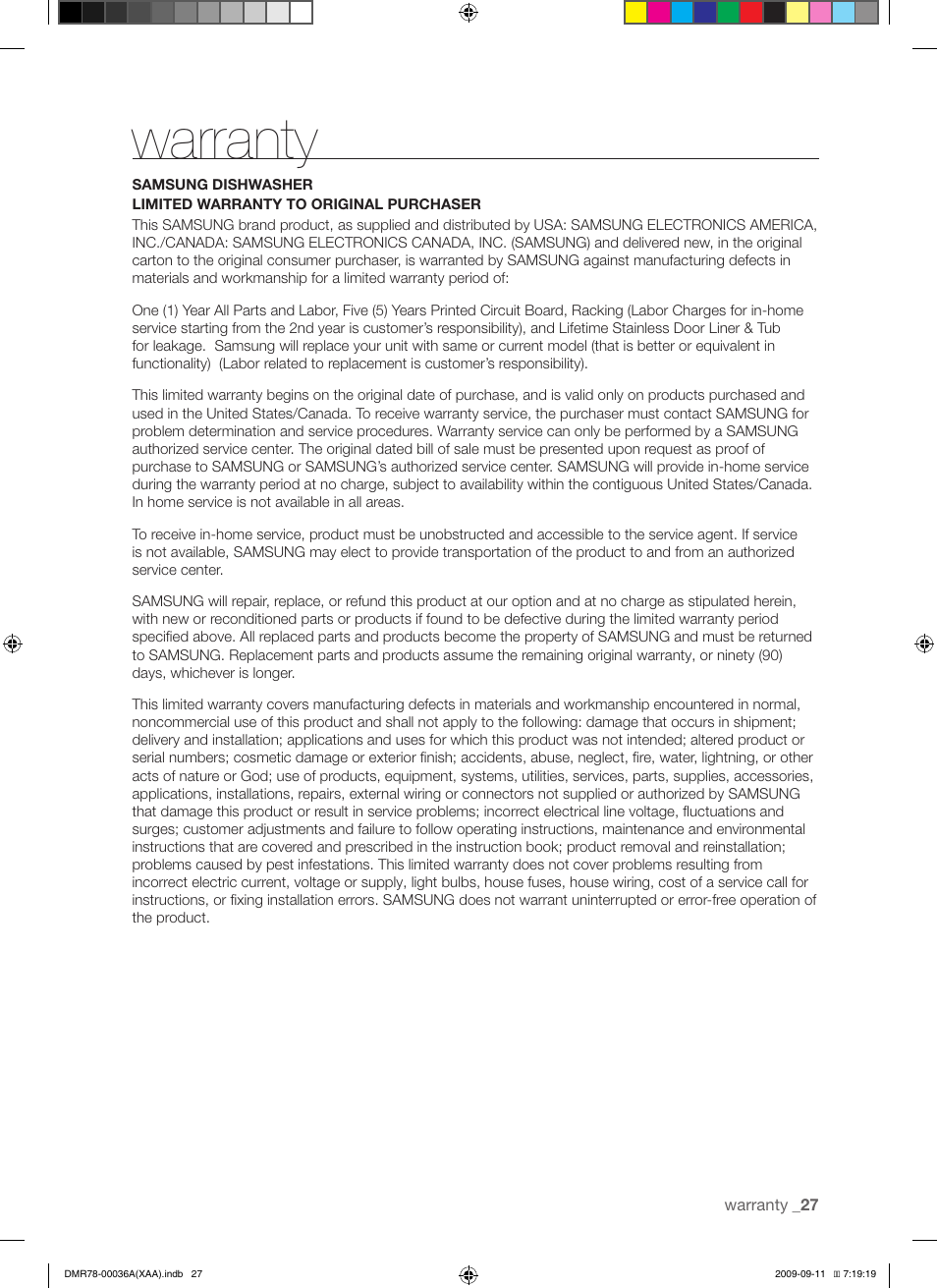 Warranty | Samsung DMR78AHW-XAA User Manual | Page 27 / 30