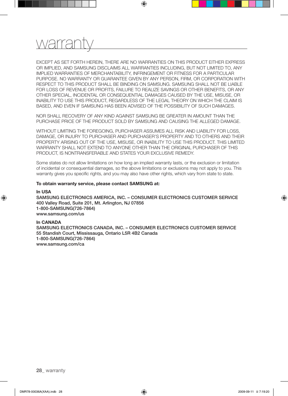 Warranty | Samsung DMR78AHW-XAA User Manual | Page 28 / 30