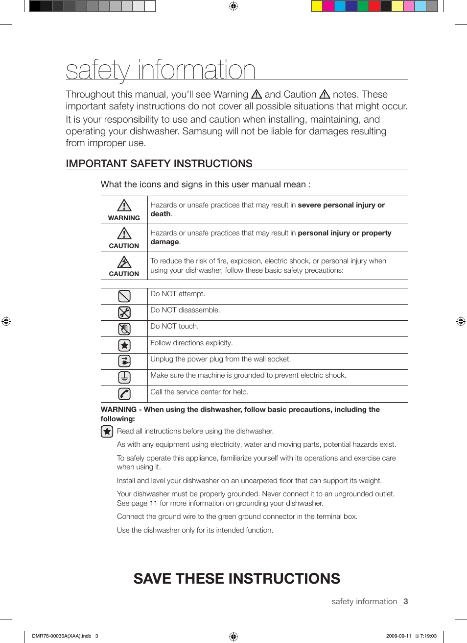 Safety information, Save these instructions, Important safety instructions | Samsung DMR78AHW-XAA User Manual | Page 3 / 30