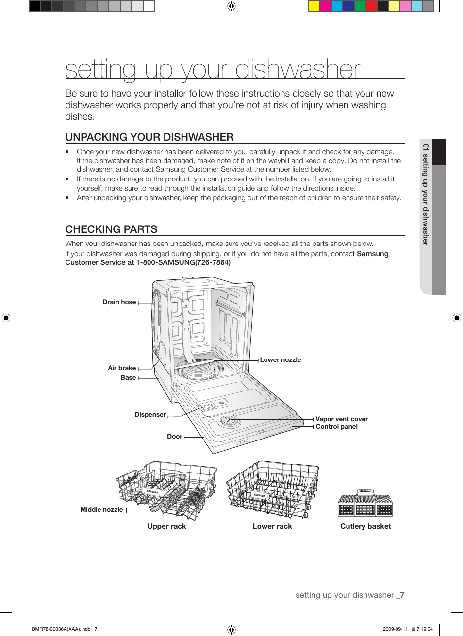 Setting up your dishwasher, Unpacking your dishwasher, Checking parts | Samsung DMR78AHW-XAA User Manual | Page 7 / 30