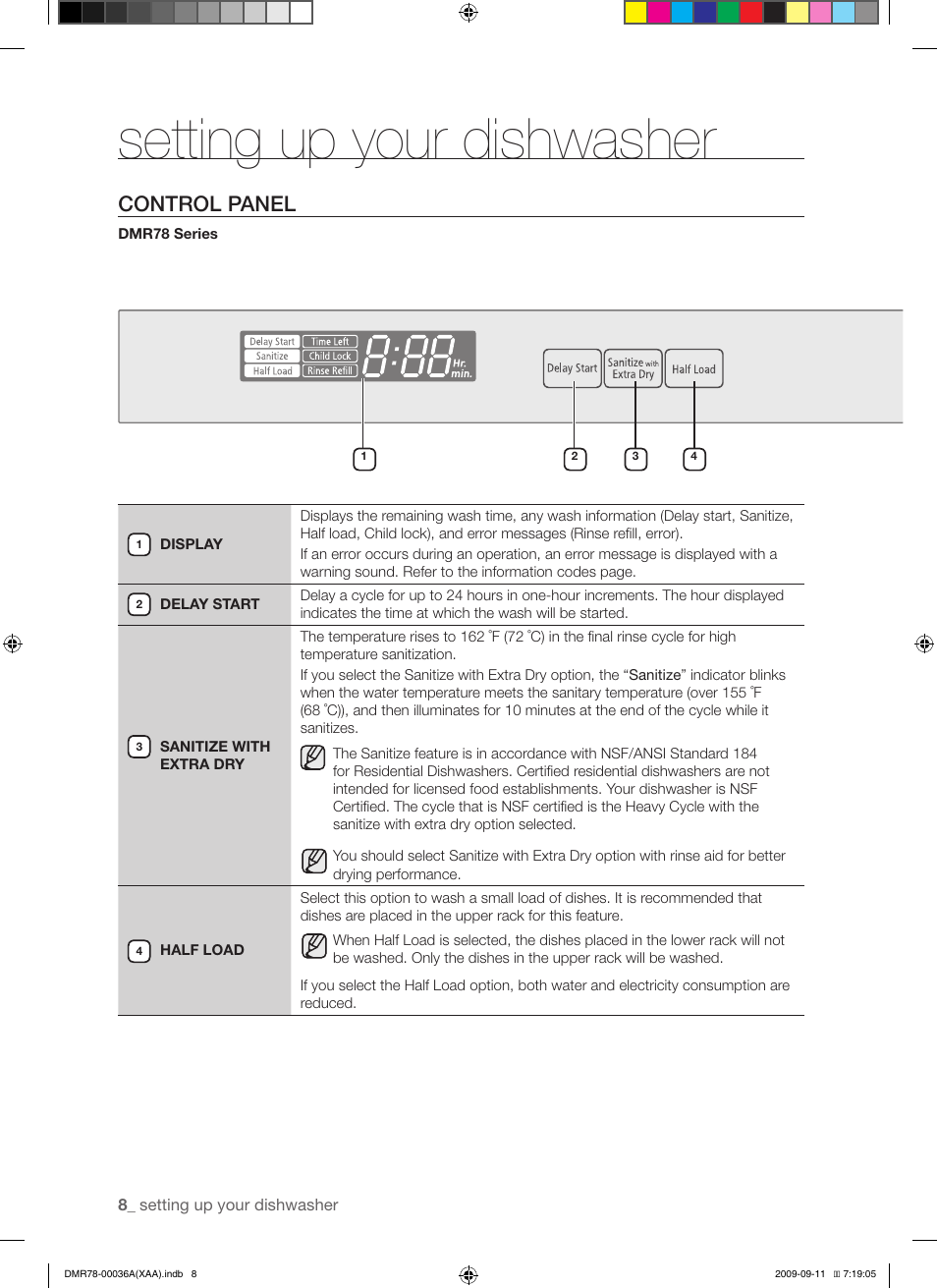 Setting up your dishwasher, Control panel | Samsung DMR78AHW-XAA User Manual | Page 8 / 30