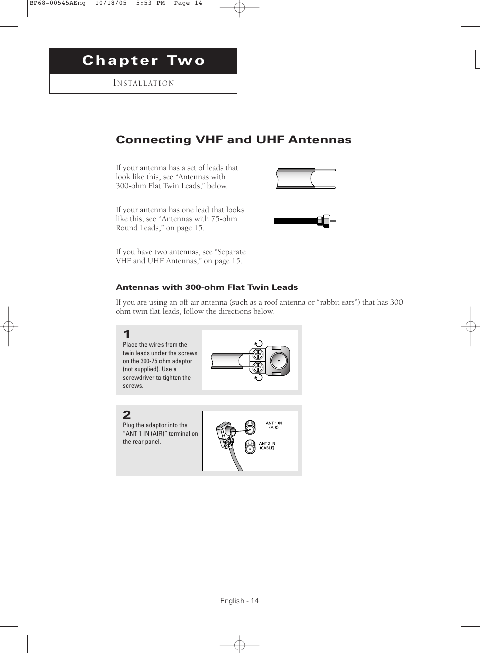 Chapter two : installation, Connecting vhf and uhf antennas, Antennas with 300-ohm flat twin leads | Samsung HCS4755WX-XAA User Manual | Page 14 / 80