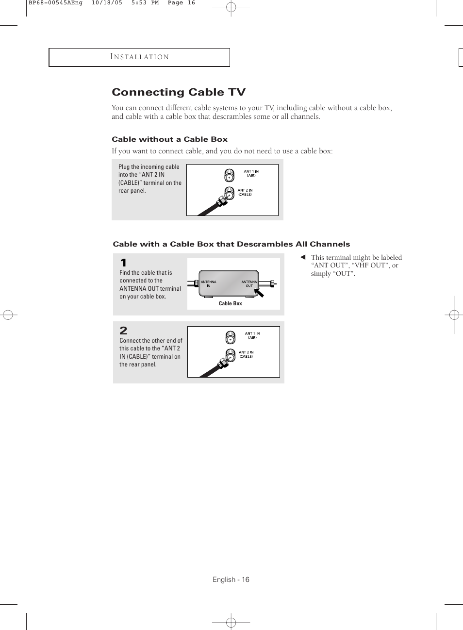 Connecting cable tv, Cable without a cable box | Samsung HCS4755WX-XAA User Manual | Page 16 / 80