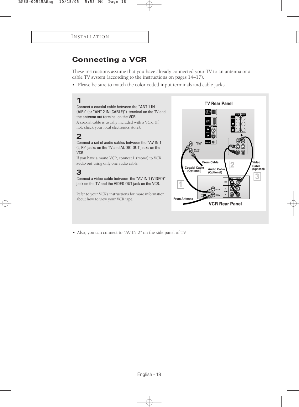 Connecting a vcr | Samsung HCS4755WX-XAA User Manual | Page 18 / 80