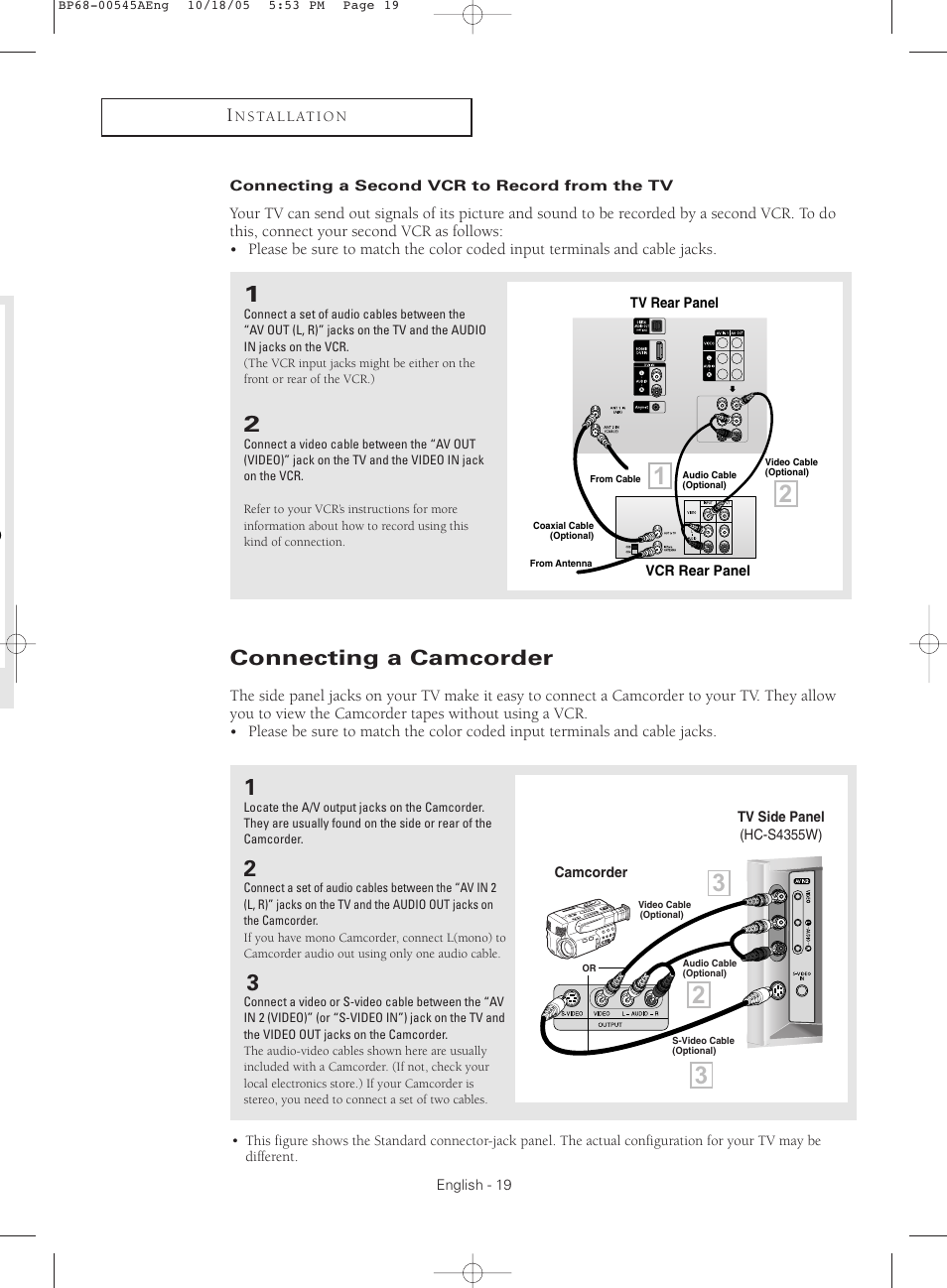 Connecting a second vcr to record from the tv, Connecting a camcorder | Samsung HCS4755WX-XAA User Manual | Page 19 / 80