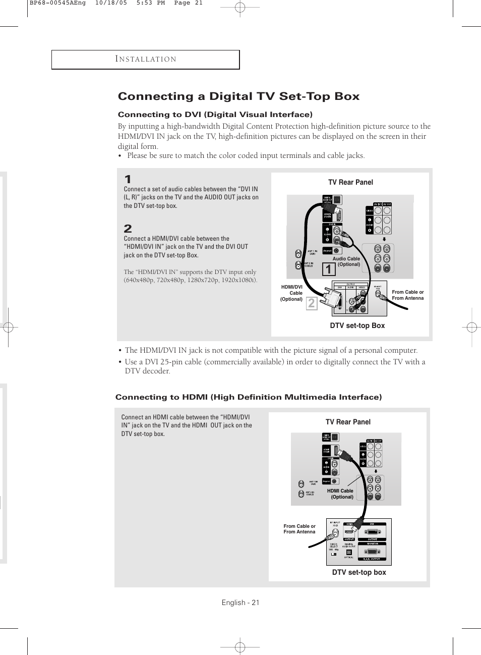 Connecting a digital tv set-top box, Connecting to dvi (digital visual interface) | Samsung HCS4755WX-XAA User Manual | Page 21 / 80