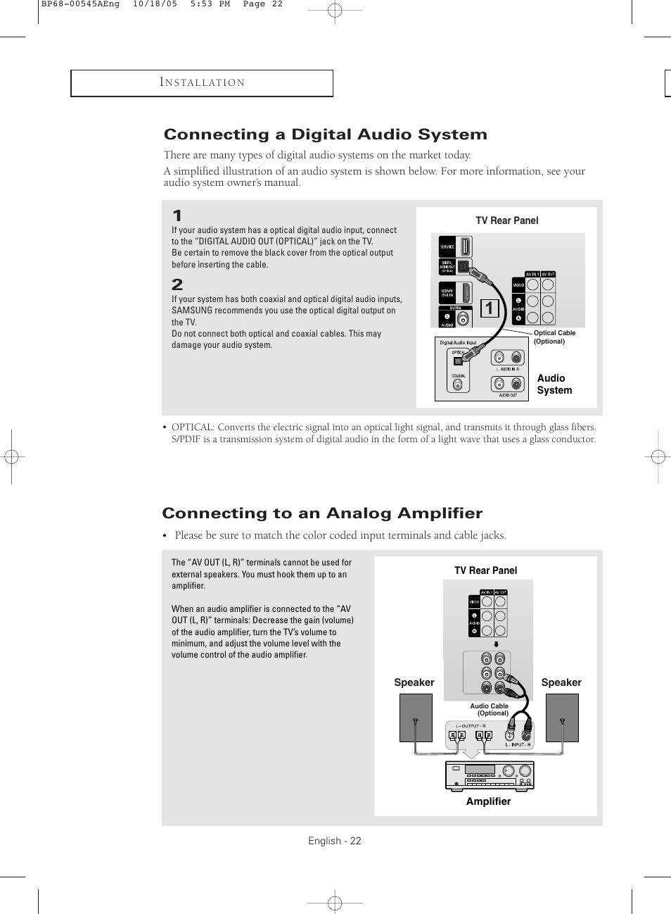 Connecting a digital audio system, Connecting to an analog amplifier | Samsung HCS4755WX-XAA User Manual | Page 22 / 80