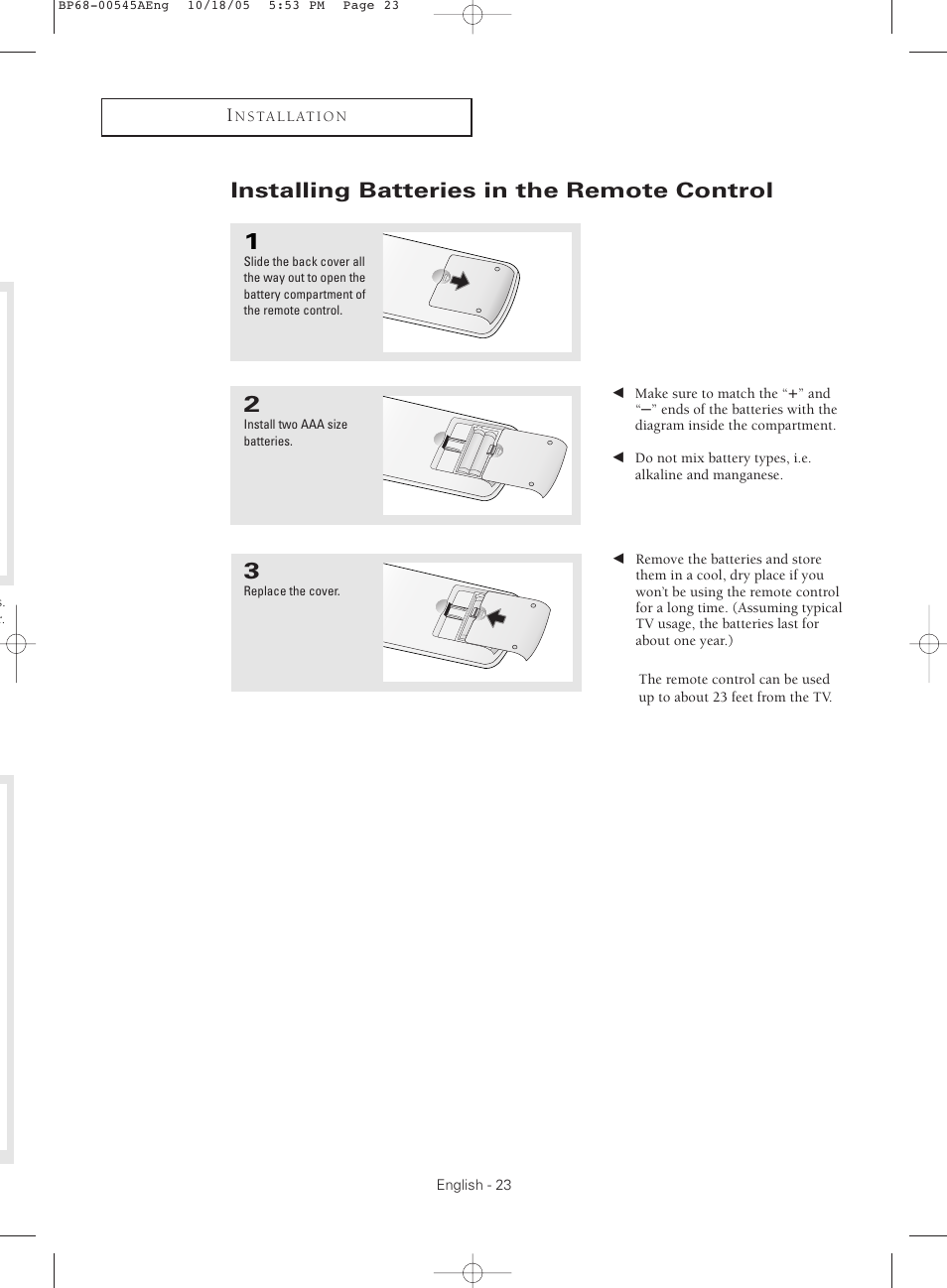 Installing batteries in the remote control | Samsung HCS4755WX-XAA User Manual | Page 23 / 80