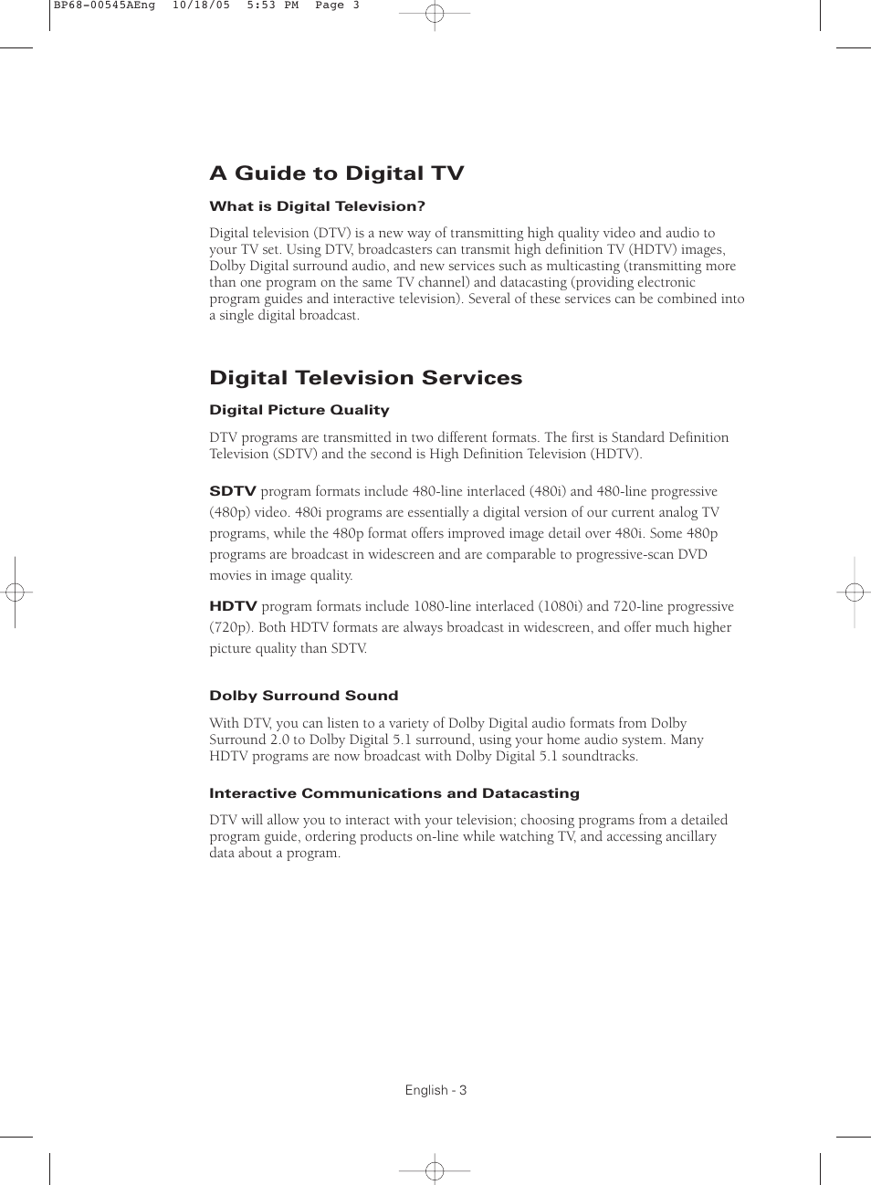 A guide to digital tv, Digital television services | Samsung HCS4755WX-XAA User Manual | Page 3 / 80