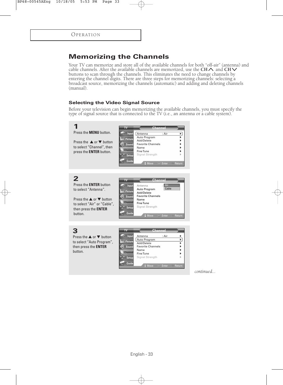 Memorizing the channels, Selecting the video signal source, Continued | Samsung HCS4755WX-XAA User Manual | Page 33 / 80