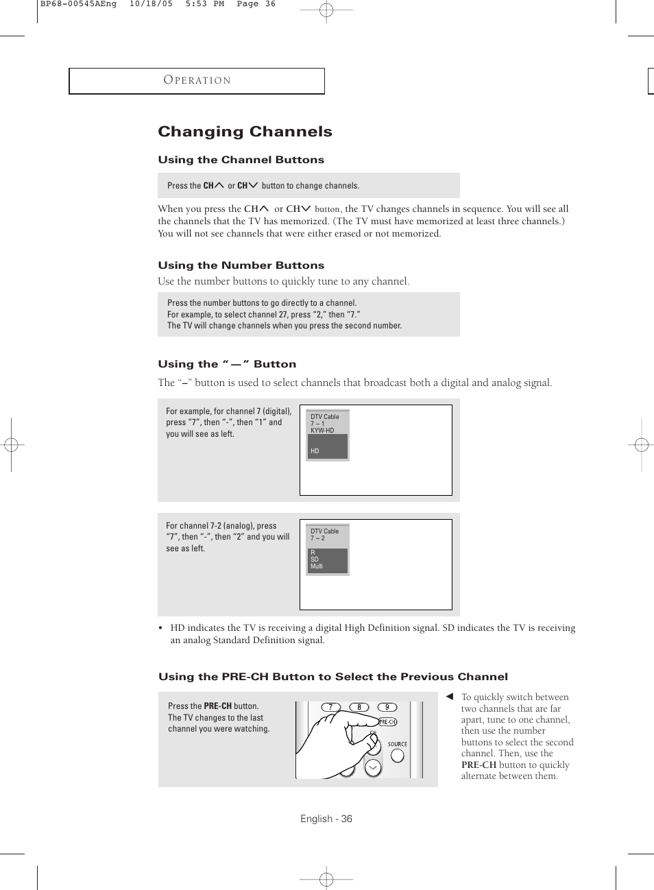 Changing channels, Using the channel buttons, Using the number buttons | Using the “-” button | Samsung HCS4755WX-XAA User Manual | Page 36 / 80