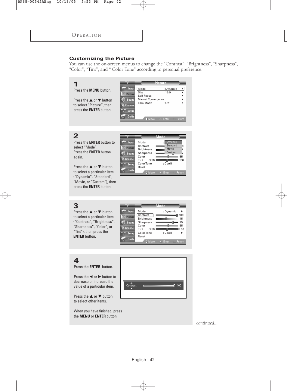 Customizing the picture, Continued, English - 42 | Samsung HCS4755WX-XAA User Manual | Page 42 / 80