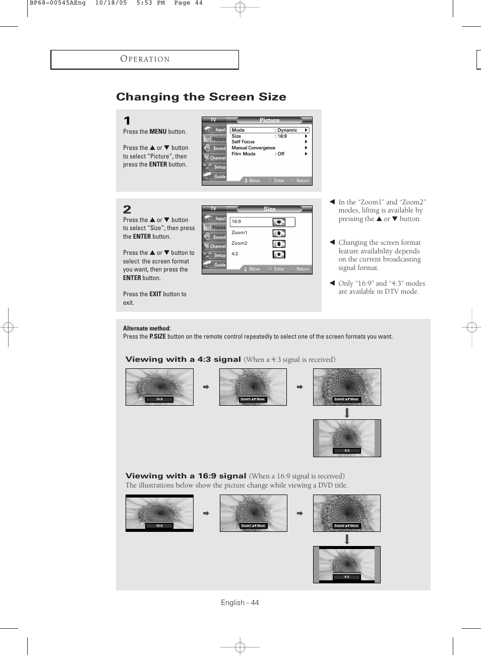 Changing the screen size, English - 44, P e r at i o n | Samsung HCS4755WX-XAA User Manual | Page 44 / 80