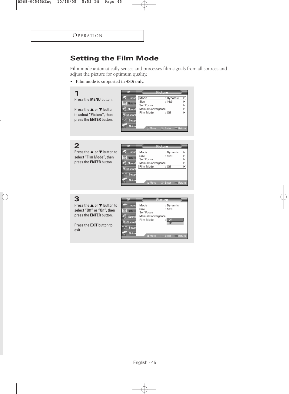 Setting the film mode | Samsung HCS4755WX-XAA User Manual | Page 45 / 80