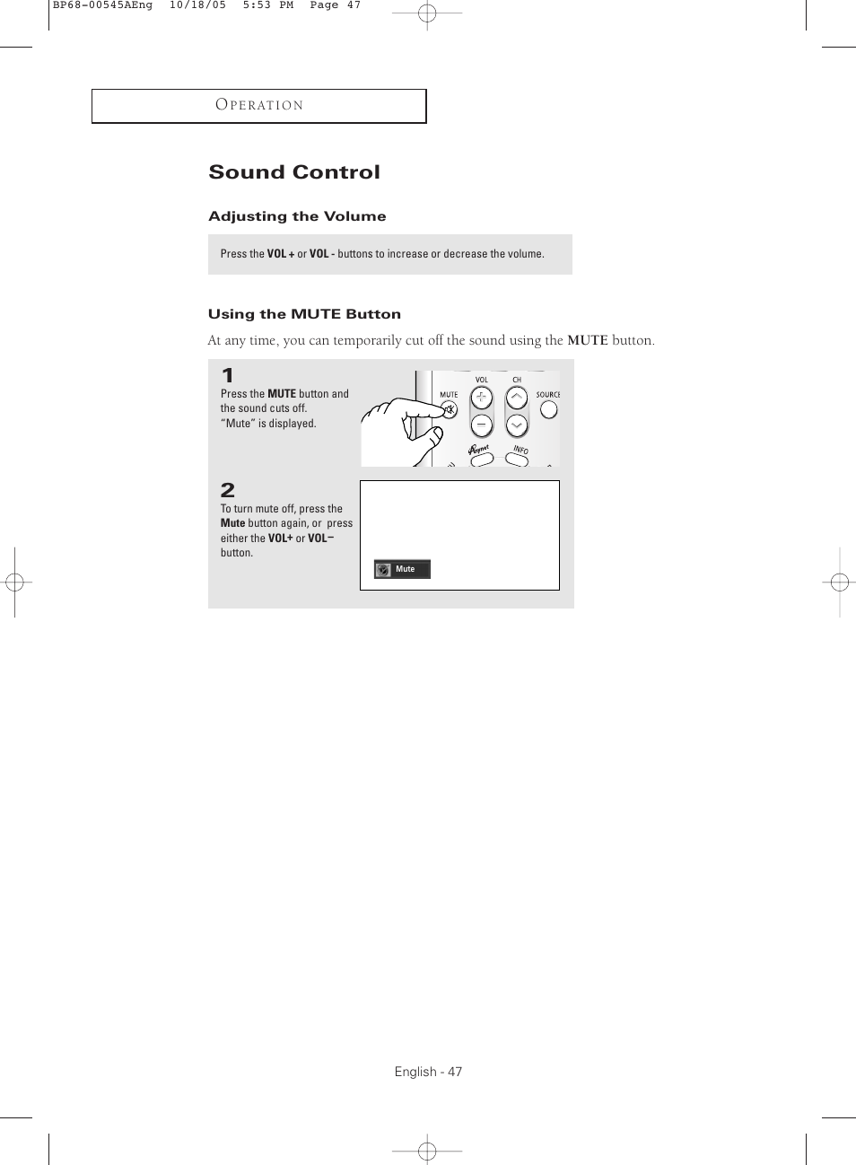 Sound control, Adjusting the volume, Using the mute button | Samsung HCS4755WX-XAA User Manual | Page 47 / 80