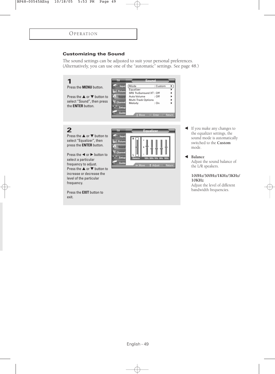 Customizing the sound | Samsung HCS4755WX-XAA User Manual | Page 49 / 80