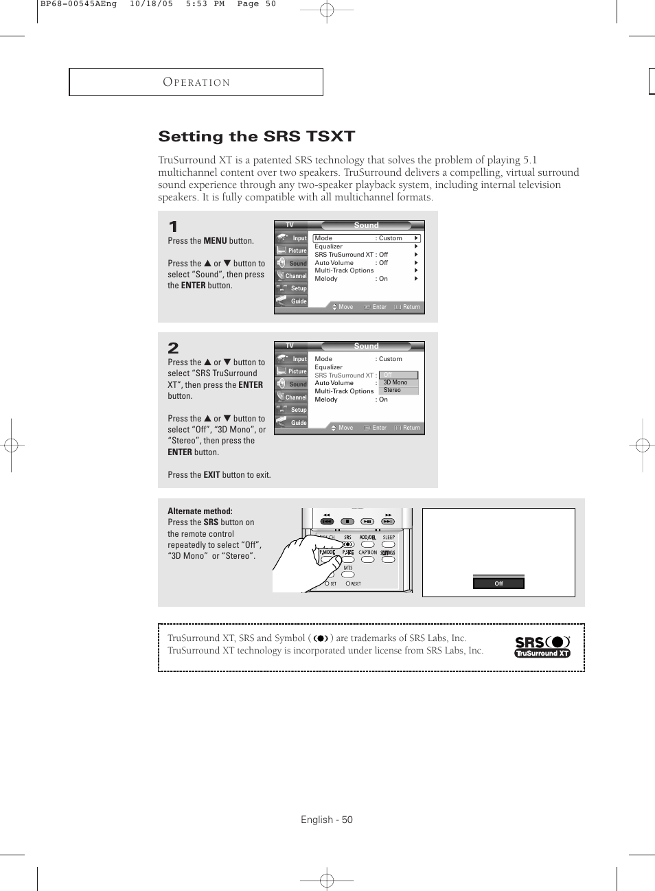 Setting the srs tsxt | Samsung HCS4755WX-XAA User Manual | Page 50 / 80